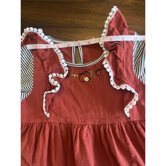 Girls Fall Dress Embroidered Faux Jumper Rust + Bl & Wh Sleeve, Cute Fit 4/5 - Picture 10 of 12